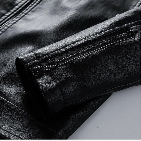 MEN’S STAND COLLAR LEATHER JACKET FALL TRENDY COLOR BLOCK BIKER JACKET FULL ZIP - Picture 7 of 7